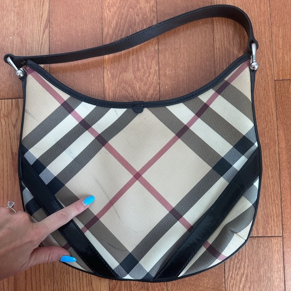 BURBERRY Large Larkin Hobo Handbag Tan SuperNova Check Black Patent - Picture 1 of 9